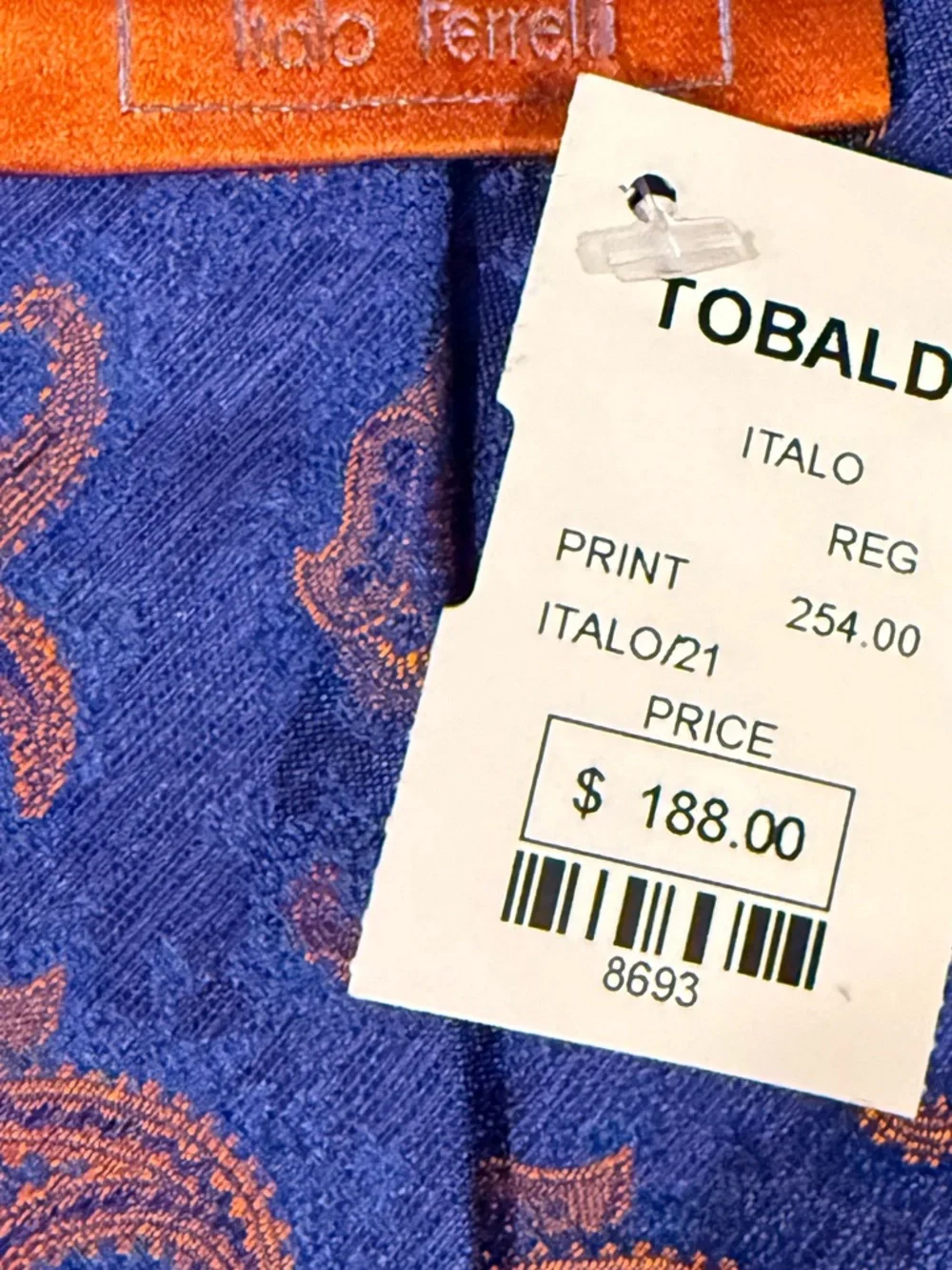NWT Italo Ferretti 7-Fold Silk Necktie Navy Orange Paisley Hand Made Italy - Picture 8 of 9